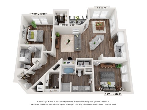 Floor plan for 2 beds, 2 baths, 1245 sqft